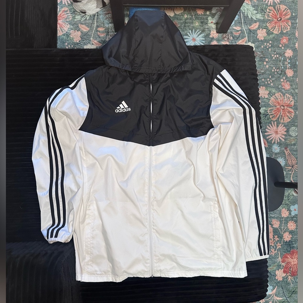 Adidas Black and White Hooded Windbreaker Jacket